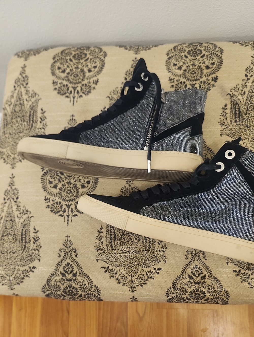 Zadig & Voltaire Women's Silver Glitter High-Top Sneakers with Black Trim